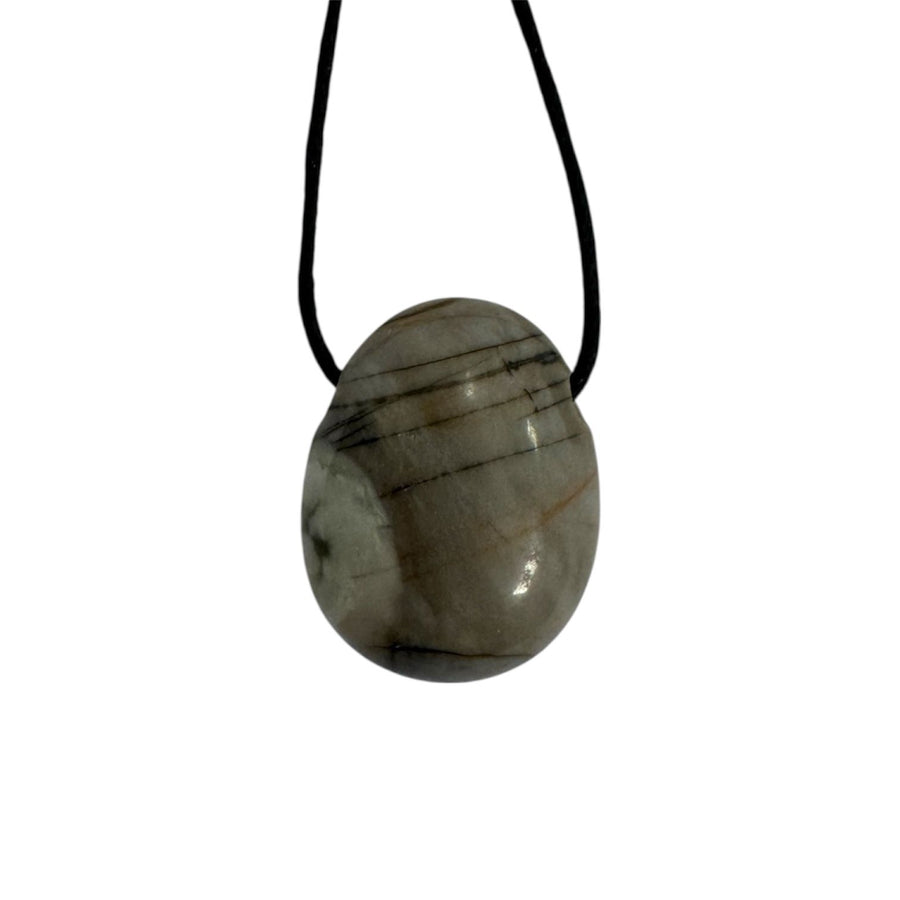 GeoFossils Picasso Jasper Drilled Tumble Stone – grey and cream patterned crystal with horizontal drill hole for creativity, grounding and transformation