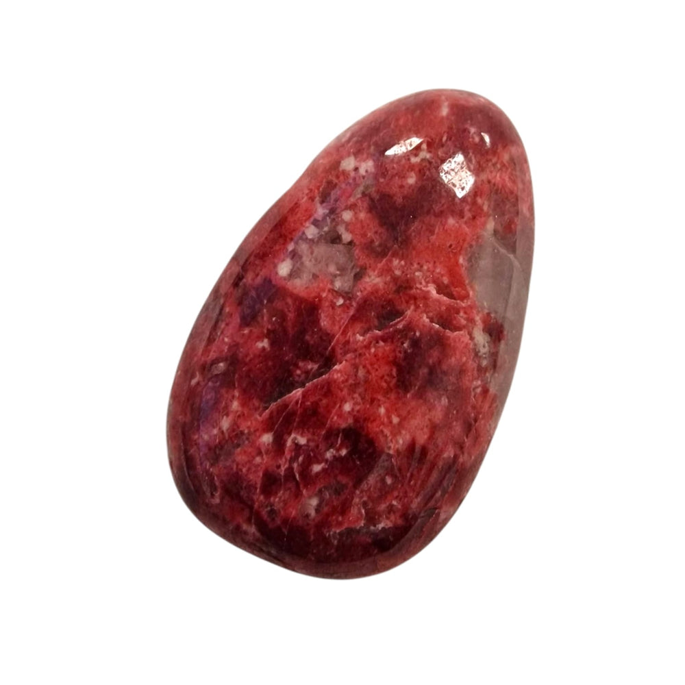Polished Pink Thulite drilled tumble stone featuring natural raspberry tones and visible quartz flecks.