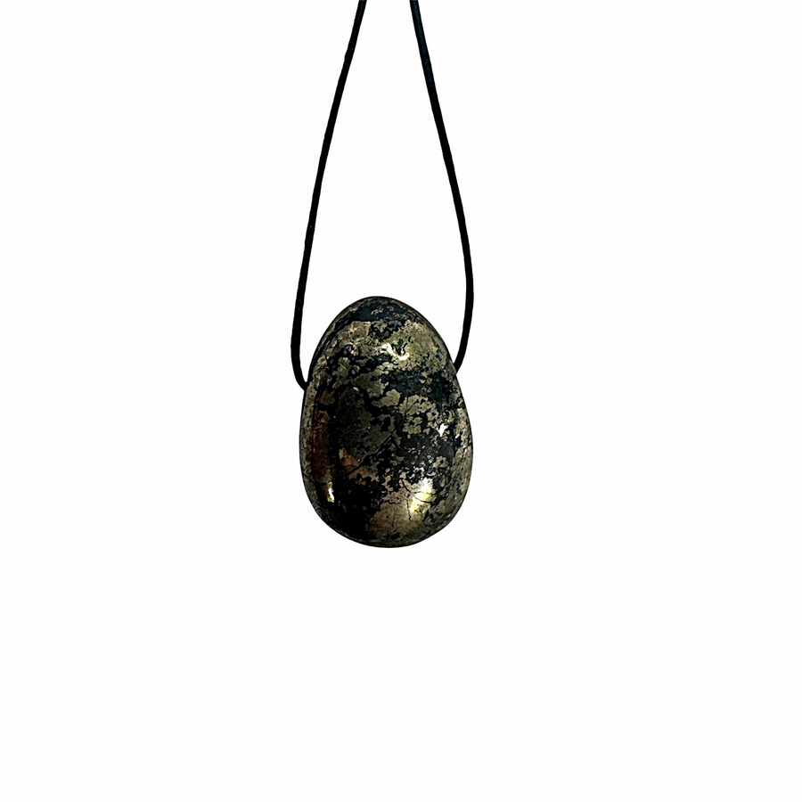 Shiny golden Pyrite tumble stone pendant with metallic lustre and natural surface texture, shown on a black cotton cord.