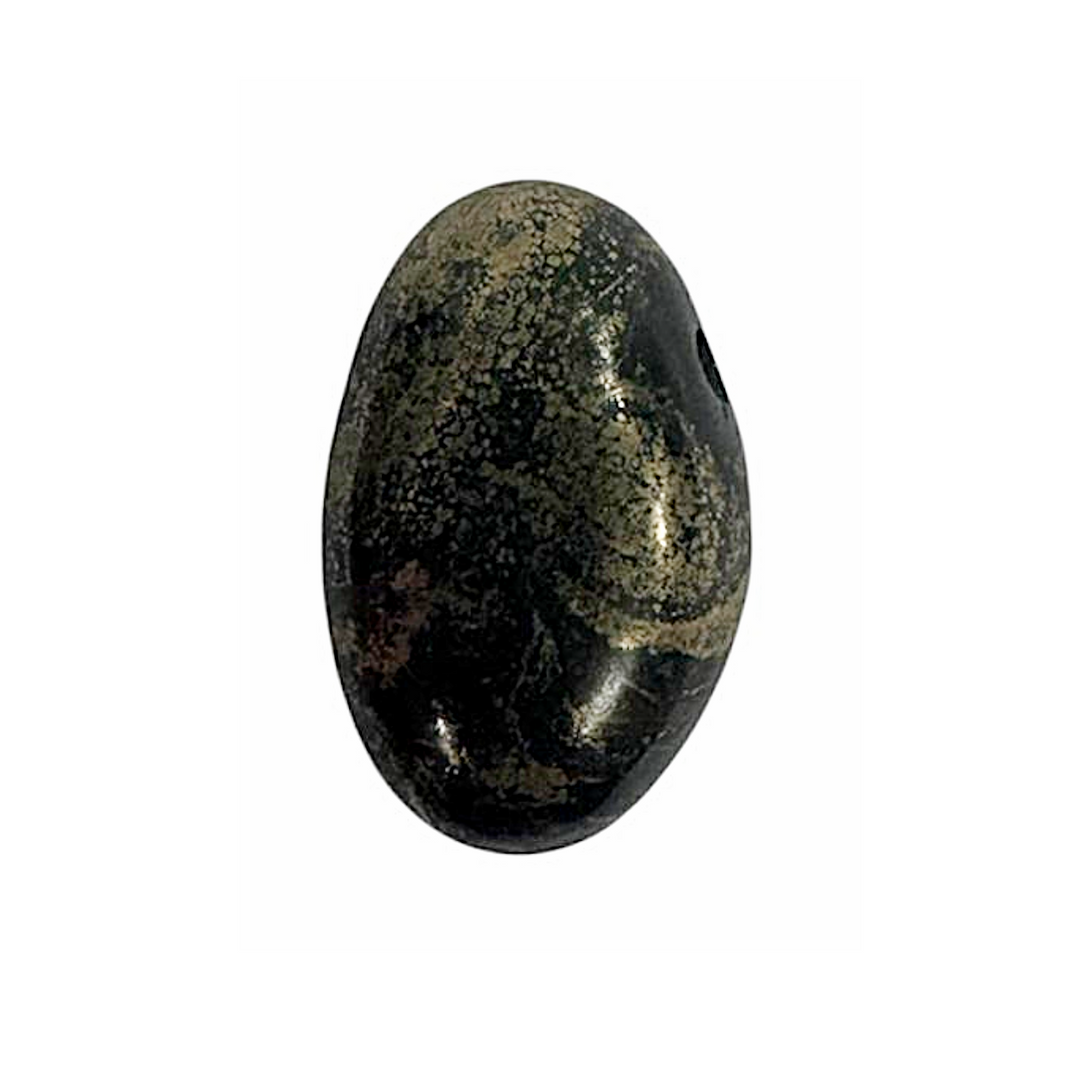 Polished Pyrite drilled tumble stone featuring reflective gold-toned surface with subtle natural inclusions.