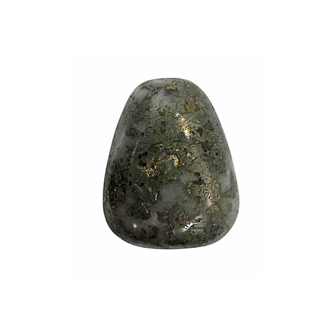 Polished Pyrite drilled tumble stone featuring reflective gold-toned surface with subtle natural inclusions.