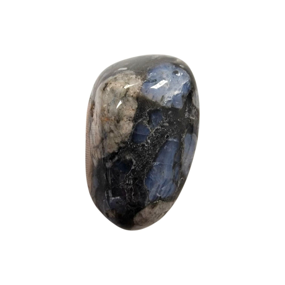 Polished Que Sera drilled tumble stone with natural multicoloured patterns of blue quartz and feldspar in a matrix of earthy hues.