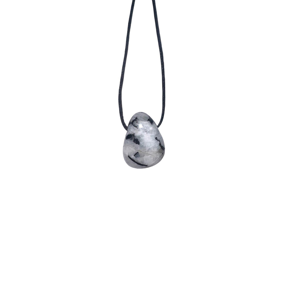 Rainbow Moonstone pendant with milky white body and flashes of blue sheen, displayed on a black cotton cord.