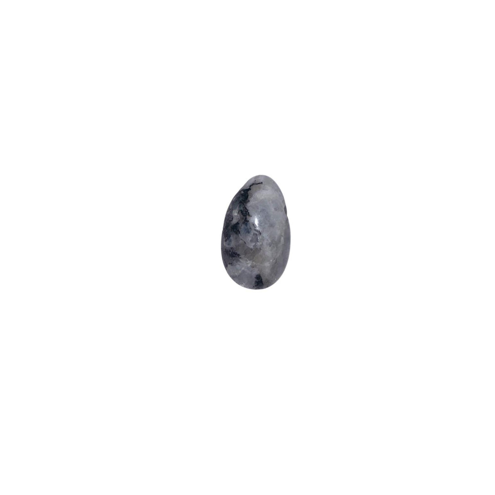 Polished Rainbow Moonstone drilled tumble stone featuring iridescent blue flash within a creamy white and translucent matrix