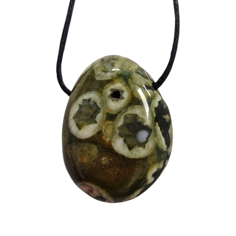 GeoFossils Rainforest Rhyolite Drilled Tumble Stone – earthy green and cream crystal with horizontal drill hole for emotional healing and Earth connection