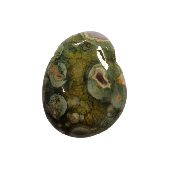 Polished Rainforest Rhyolite drilled tumble stone featuring natural green tones and circular orbicular markings.