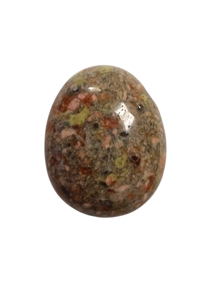Polished Rainforest Rhyolite drilled tumble stone featuring natural green tones and circular orbicular markings.