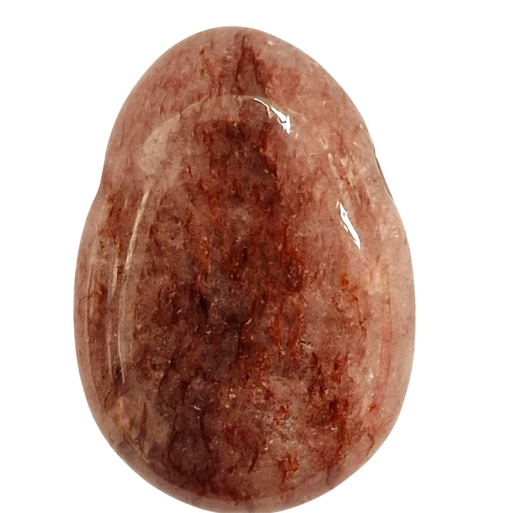 Polished Red Aventurine drilled tumble stone featuring rich reddish-orange hues and natural sparkling mica inclusions.