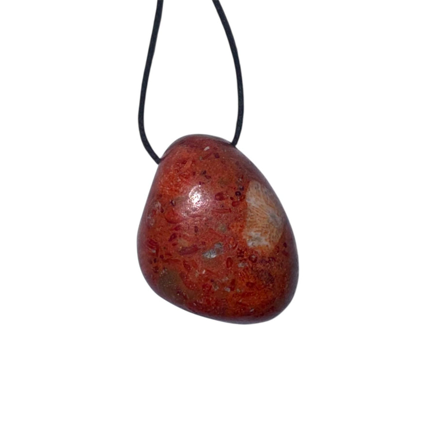 GeoFossils Red Coral Drilled Pendant with Black Cord – energising ocean crystal for protection and vitality