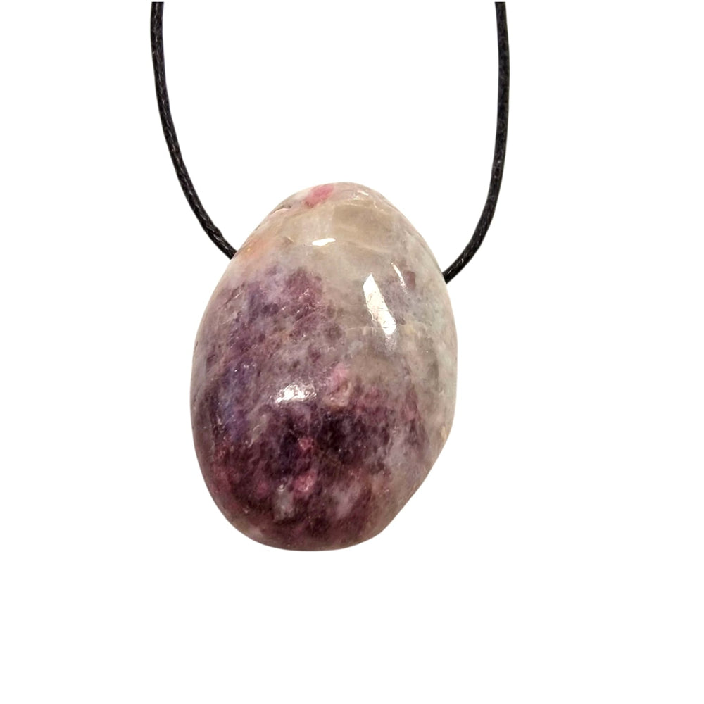 Polished Rubellite in Quartz featuring rich pink tourmaline inclusions within clear to milky quartz, shown on a black cotton cord.
