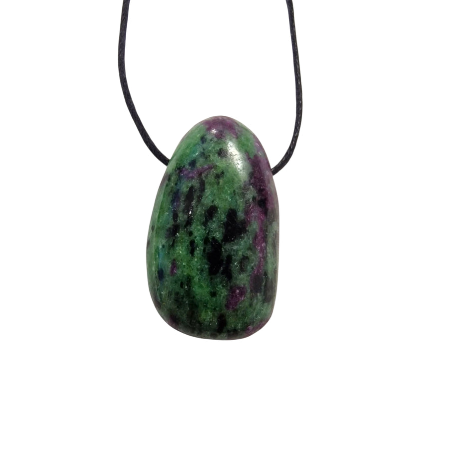 GeoFossils Ruby in Zoisite Drilled Tumble Stone – green and pink crystal with horizontal drill hole for vitality, heart healing and transformation