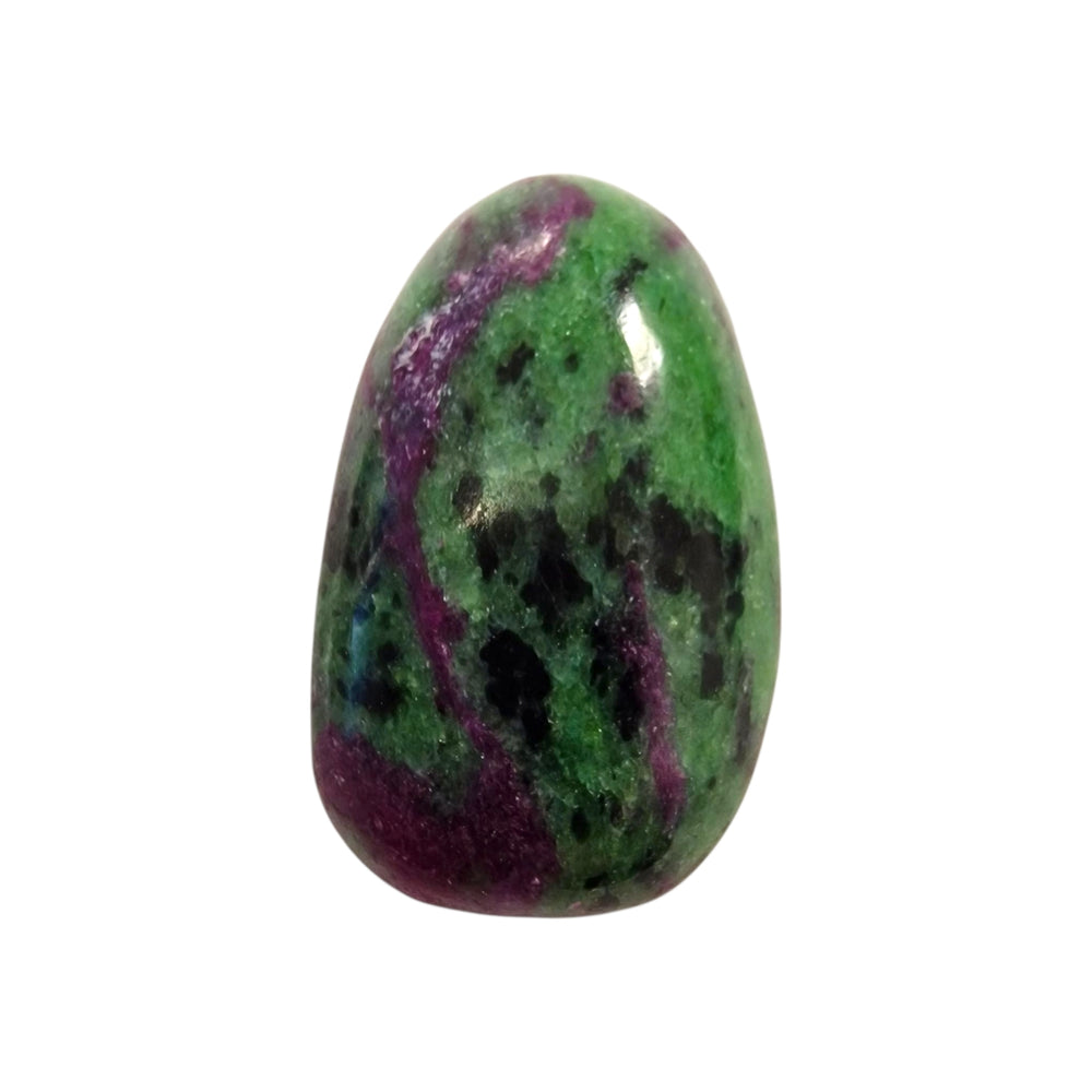 GeoFossils Ruby in Zoisite Drilled Tumble Stone – green and pink crystal with horizontal drill hole for vitality, heart healing and transformation