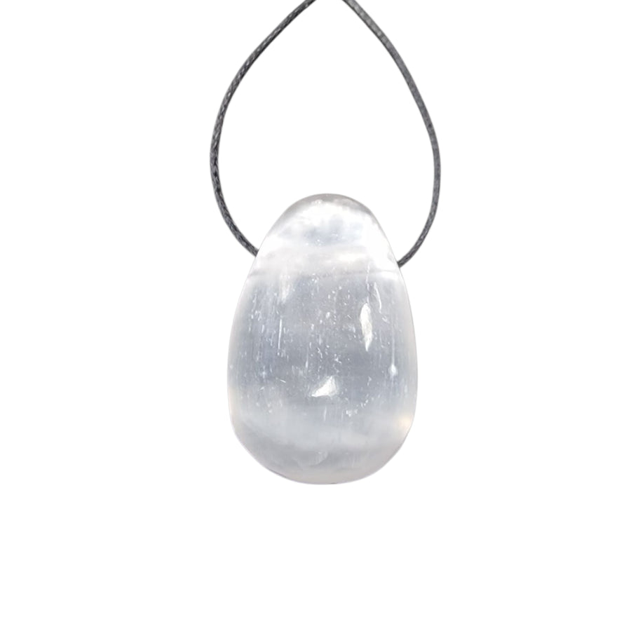GeoFossils Selenite Drilled Tumble Stone – white polished crystal with horizontal drill hole for cleansing, clarity and crown chakra alignment