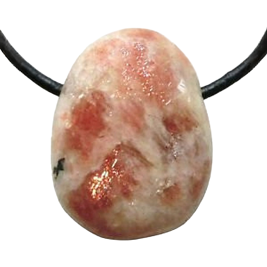 GeoFossils Sunstone Drilled Tumble Stone – orange-gold crystal with shimmer and horizontal drill hole for confidence and joy