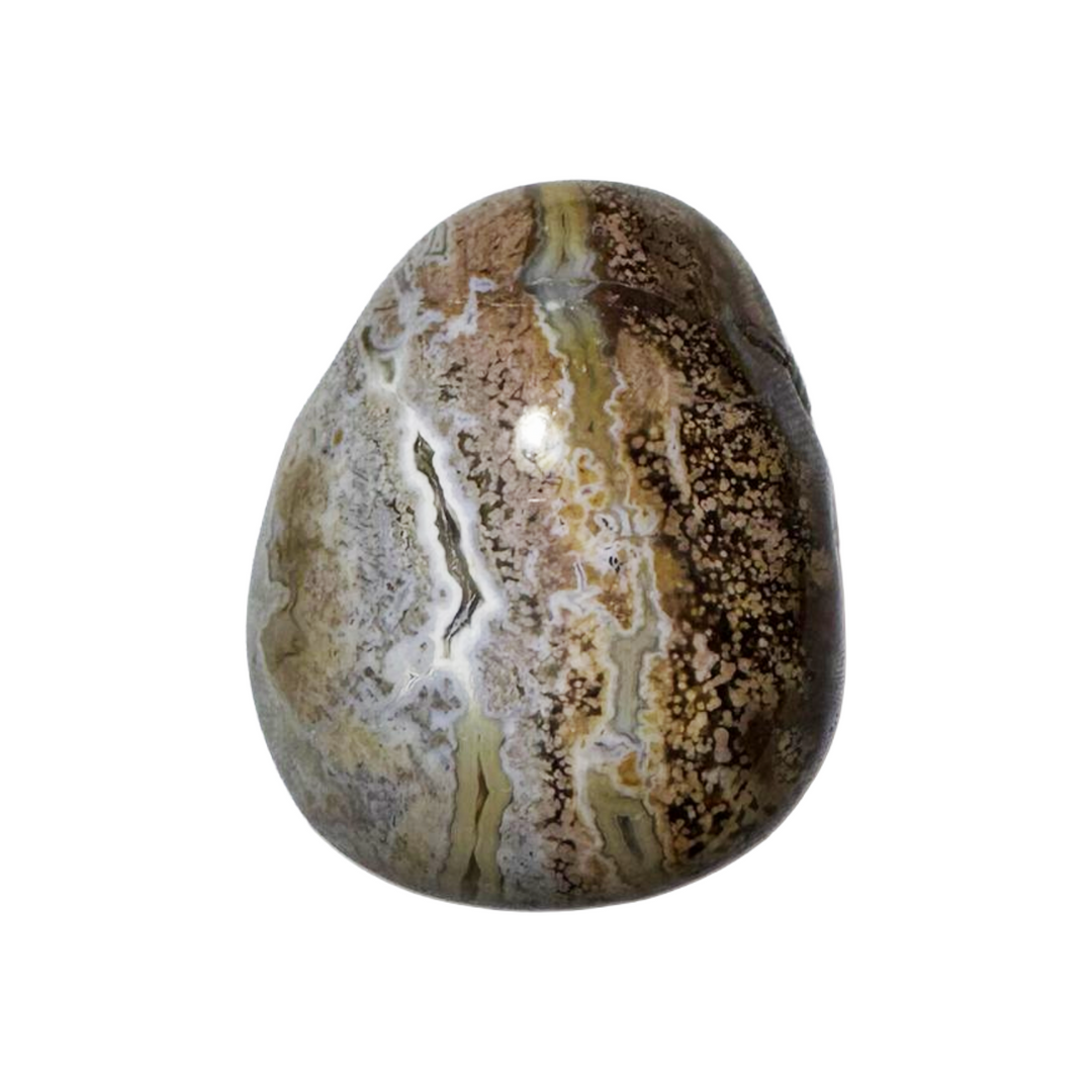 Ocean Jasper tumble stone with side drill, ideal for threading on cord or chain. This calming stone encourages self-expression, optimism, and holistic harmony. A beautiful balance of colour and metaphysical depth.