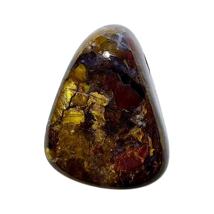 Side-drilled Pietersite tumble stone with swirling hues of blue, gold, and bronze. Known as the “Tempest Stone,” it enhances intuition, clears mental fog, and aids in navigating change. Ideal for spiritual jewellery or energetic support.