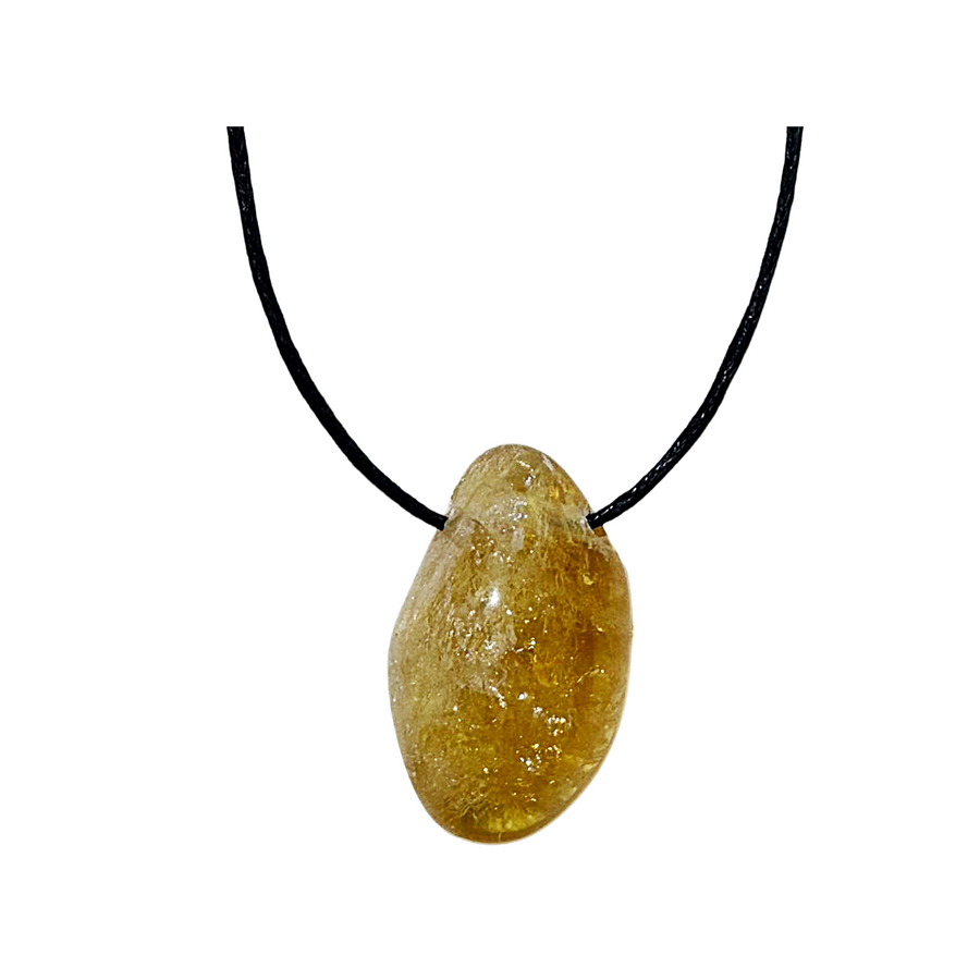 Side-drilled Citrine tumble stone shown on black vegan cotton cord. Radiating golden warmth, Citrine is a stone of abundance, joy, and confidence. Ethically sourced and ready to support manifestation and solar plexus energy work.