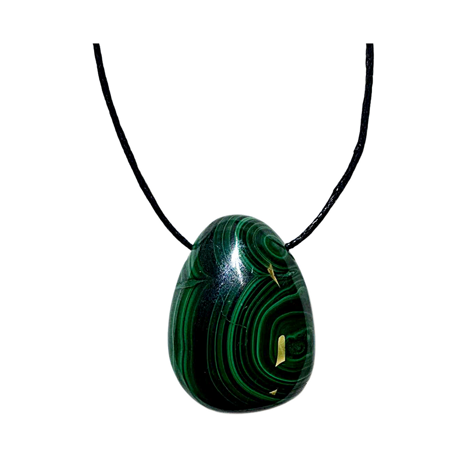 Side-drilled Malachite tumble stone shown on black vegan cotton cord. Rich green bands swirl through this protective stone, known for heart chakra healing, emotional release, and energetic transformation. Ideal for conscious wearers.