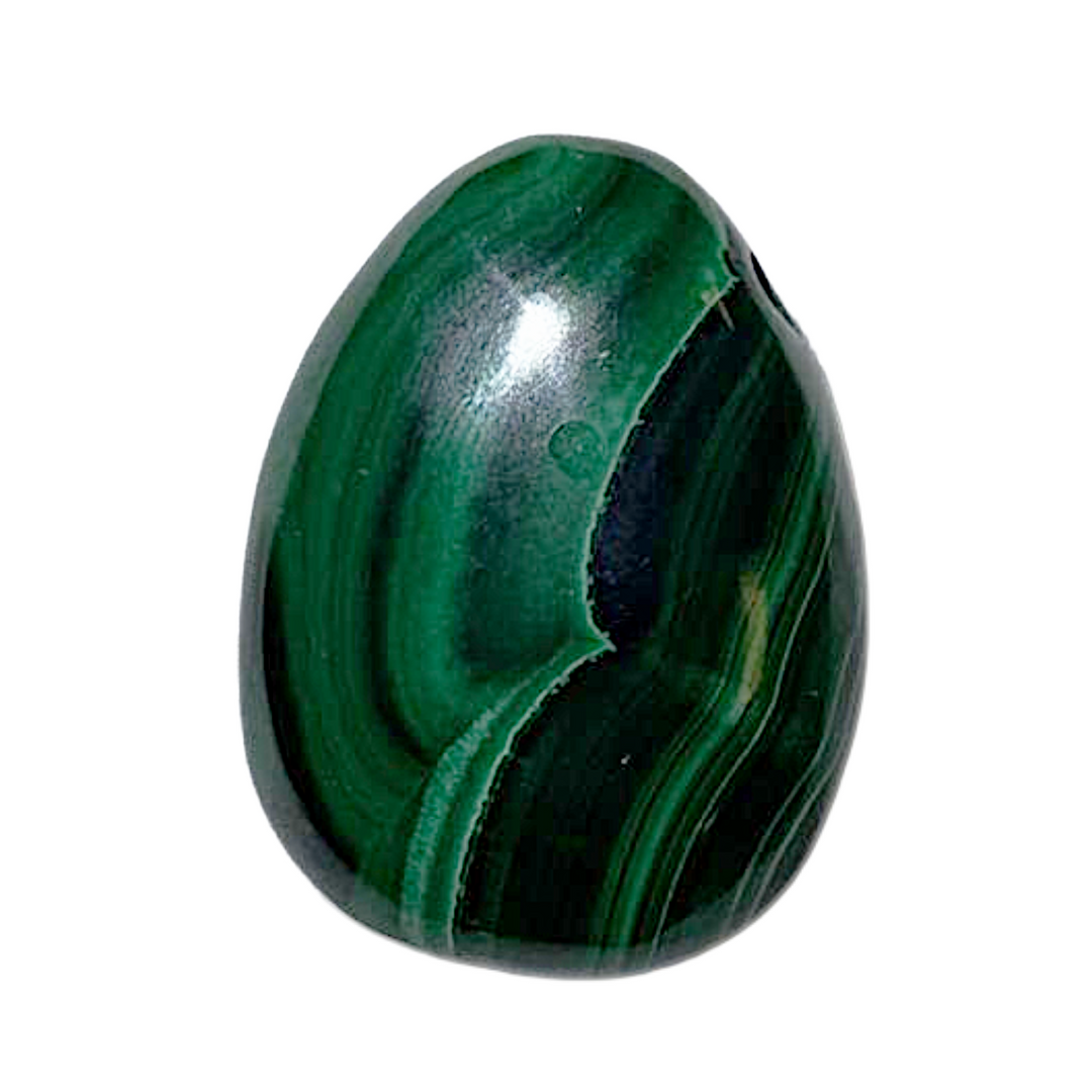 Side-drilled Malachite tumble stone shown on black vegan cotton cord. Rich green bands swirl through this protective stone, known for heart chakra healing, emotional release, and energetic transformation. Ideal for conscious wearers.