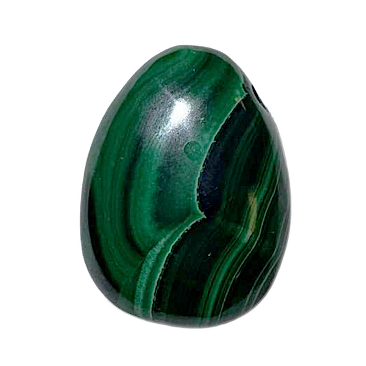 Side-drilled Malachite tumble stone shown on black vegan cotton cord. Rich green bands swirl through this protective stone, known for heart chakra healing, emotional release, and energetic transformation. Ideal for conscious wearers.