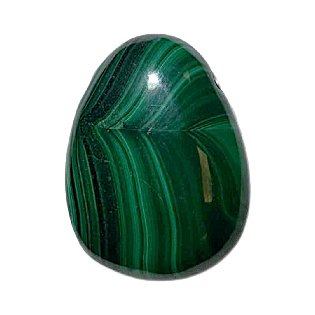 Vibrant Malachite side-drilled tumble stone with lush green patterns. Associated with deep emotional healing, energy cleansing, and heart chakra activation. Ideal for threading onto chains or cords for intentional adornment.