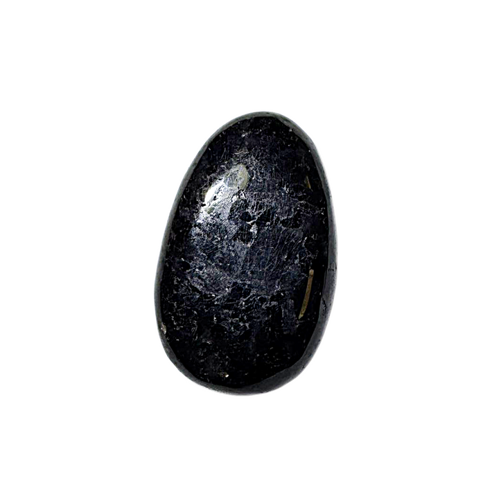 Side-drilled Nuumite tumble stone with dark, mystical flashes. Used for psychic protection and deep self-exploration, it’s perfect for handmade crystal jewellery and energy healing sessions. Ethically sourced.