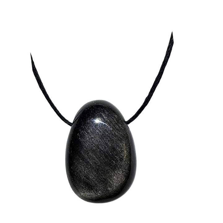 Side-drilled Silver Sheen Obsidian tumble stone shown on black vegan cotton cord. This reflective crystal offers psychic protection, deep grounding, and emotional clarity—ideal for conscious, cruelty-free jewellery wearers.