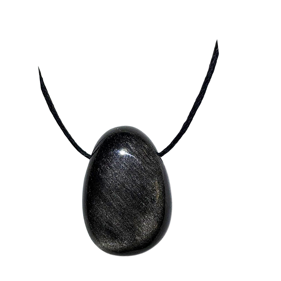 Side-drilled Silver Sheen Obsidian tumble stone shown on black vegan cotton cord. This reflective crystal offers psychic protection, deep grounding, and emotional clarity—ideal for conscious, cruelty-free jewellery wearers.