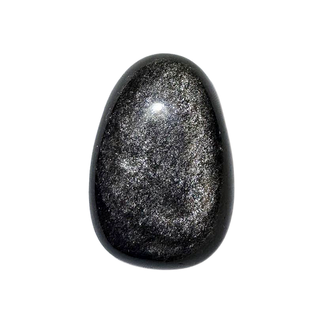 Side-drilled Silver Sheen Obsidian crystal with silvery flash, perfect for wearable spiritual tools. A grounding and protective stone that promotes self-awareness, aura defence, and higher consciousness alignment.