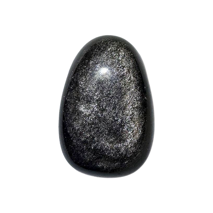 Side-drilled Silver Sheen Obsidian crystal with silvery flash, perfect for wearable spiritual tools. A grounding and protective stone that promotes self-awareness, aura defence, and higher consciousness alignment.