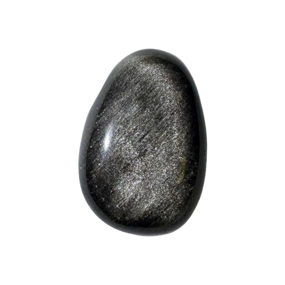 Hand-polished Silver Sheen Obsidian tumble with side drill hole, ideal for threading onto chains or cords. A crystal of reflection, intuition, and energy cleansing, suited for both daily wear and energetic work.
