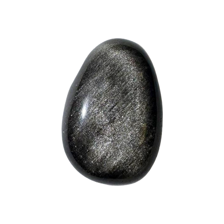 Hand-polished Silver Sheen Obsidian tumble with side drill hole, ideal for threading onto chains or cords. A crystal of reflection, intuition, and energy cleansing, suited for both daily wear and energetic work.