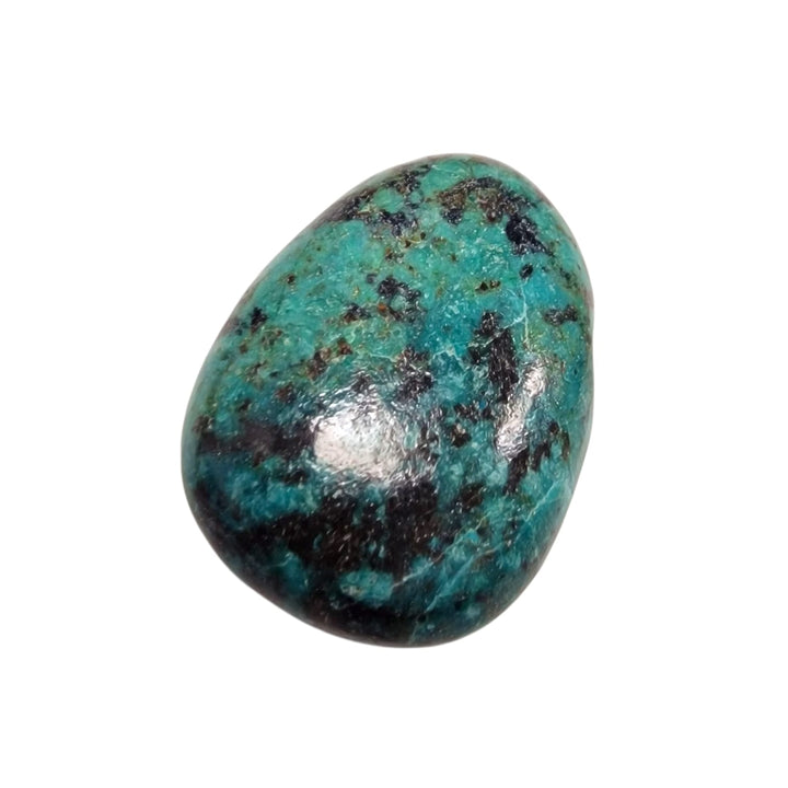 Selection of African Turquoise drilled tumble stones in earthy greens and blacks, photographed as part of our curated crystal collection.