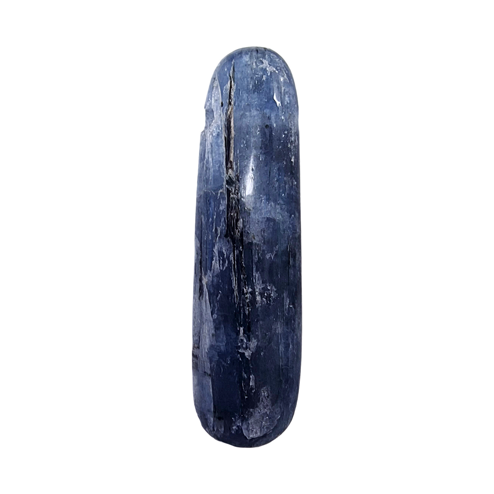 Blue Kyanite drilled tumble stone with layered blue blades and reflective sheen, polished to enhance high-frequency energy flow and clarity.
