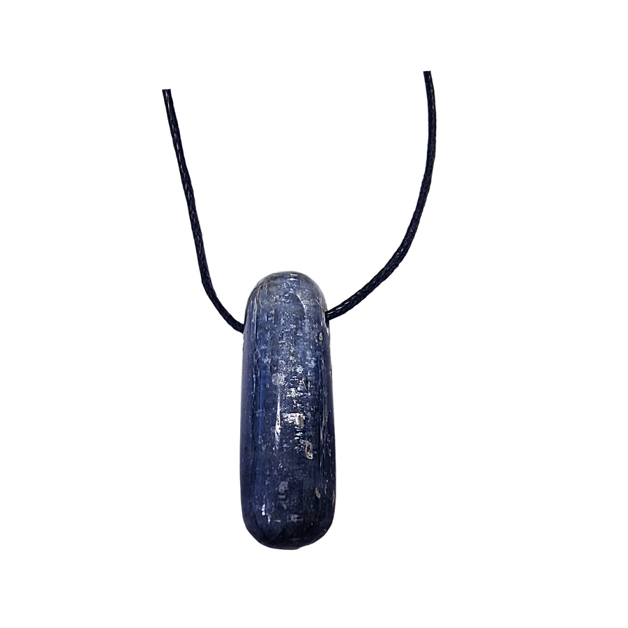 Polished Blue Kyanite drilled tumble stone on a black vegan cotton cord, shimmering with natural striations and perfect for throat chakra alignment.