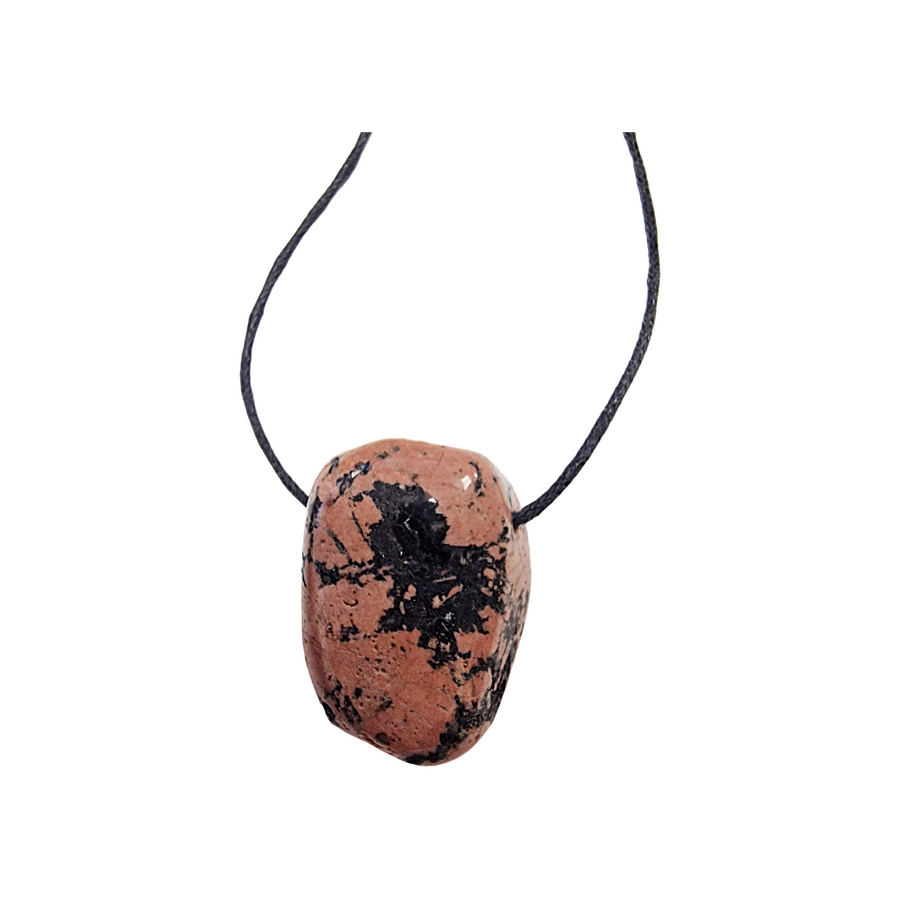 Polished Luxianite drilled tumble stone on a black vegan cotton cord, featuring deep green crystal clusters ideal for high-vibration heart chakra wear.
