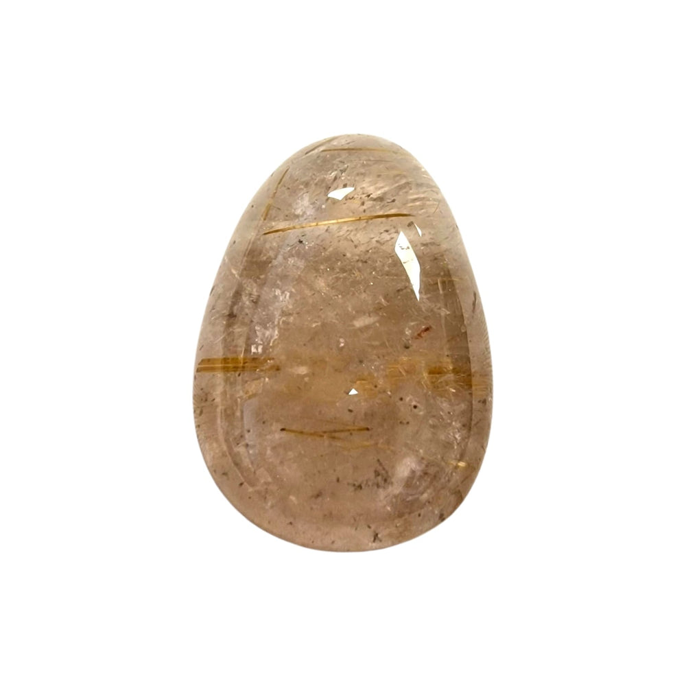 GeoFossils Polished Angel Hair Quartz drilled tumble stone featuring transparent quartz with striking golden rutile threads.