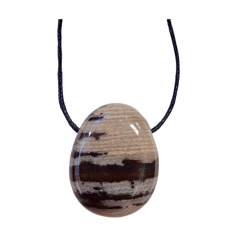 Nguni Jasper drilled tumble stone on a black vegan cotton cord, showcasing earthy swirls and grounding tones inspired by African landscapes.