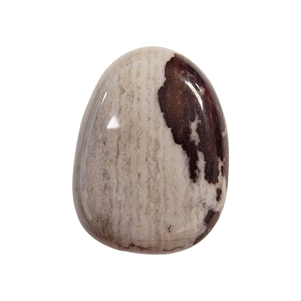 Polished Nguni Jasper tumble stone with unique banded patterns in shades of brown, cream, and grey, drilled for jewellery or crystal use.