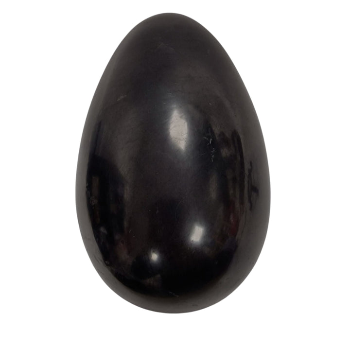 Close-up of 100mm Shungite egg showing reflective polished finish