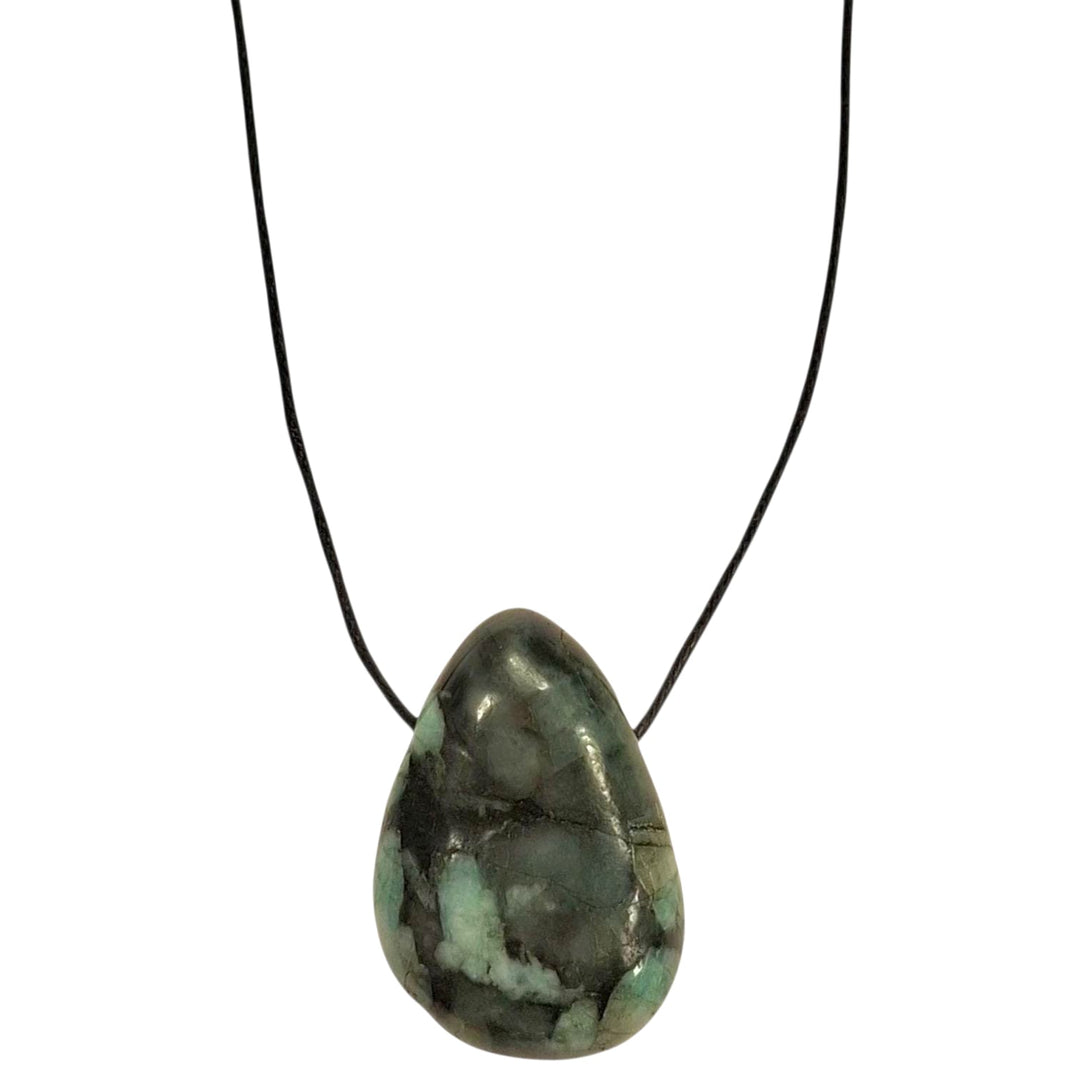 GeoFossils Emerald Drilled Tumble Stone – deep green crystal with horizontal drill hole for emotional healing, abundance and heart wisdom


