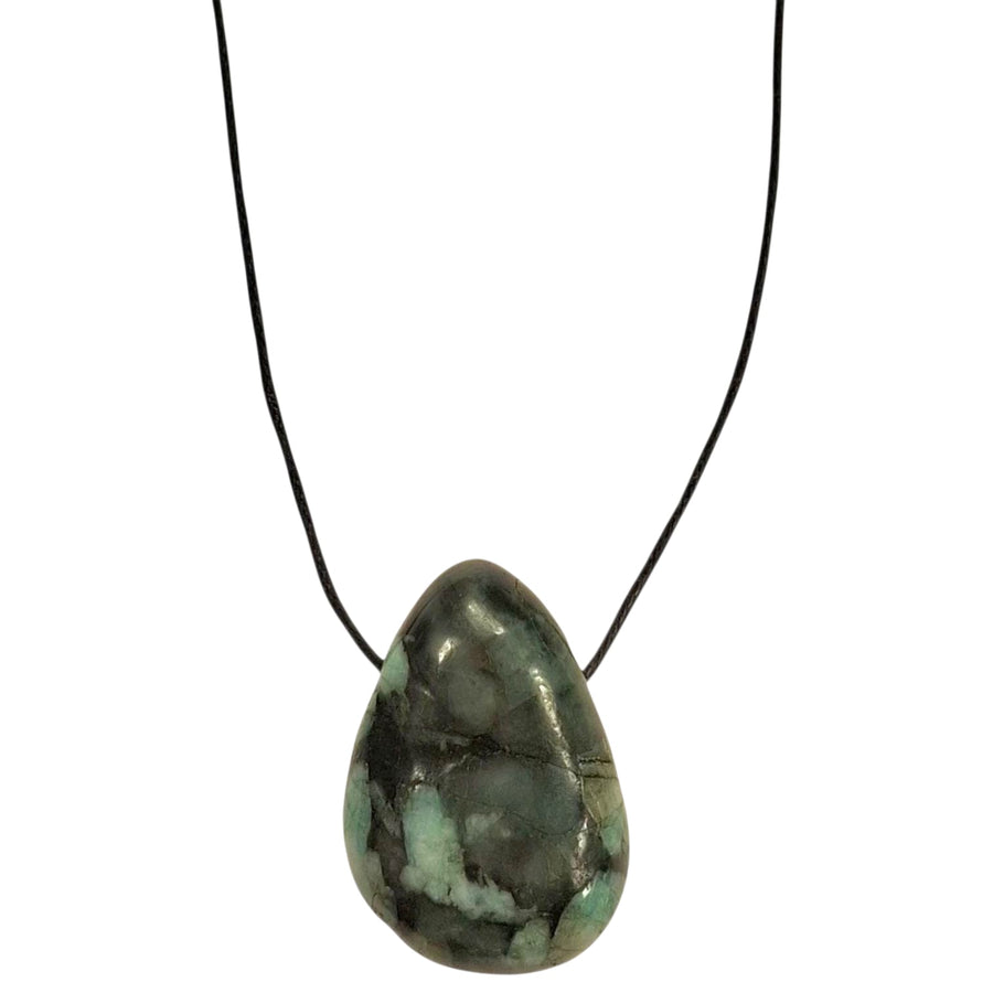 GeoFossils Emerald Drilled Tumble Stone – deep green crystal with horizontal drill hole for emotional healing, abundance and heart wisdom

