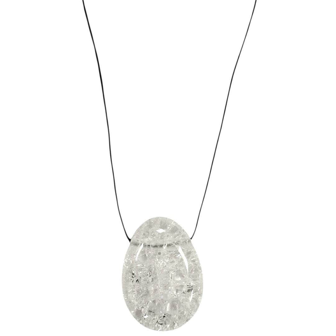 GeoFossils Fire and Ice Quartz Drilled Tumble Stone – clear quartz with internal crackle effect and horizontal drill hole for transformation and energy activation

