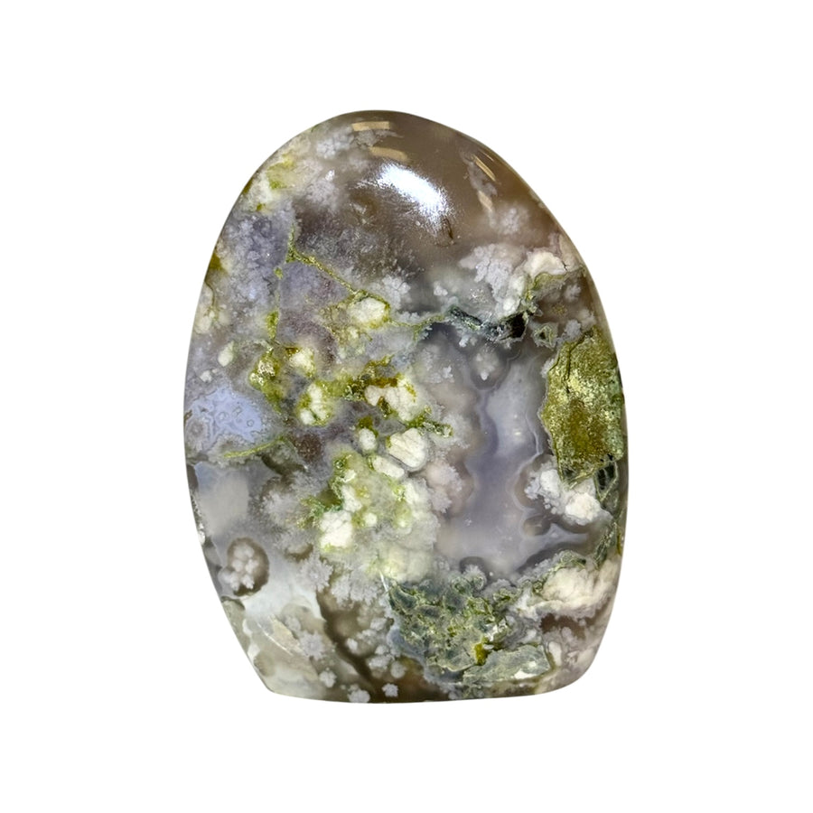 GeoFossils Flower Agate Freeform – Madagascan crystal for growth, healing, and grounding, polished pink chalcedony display stone, handmade in the UK.