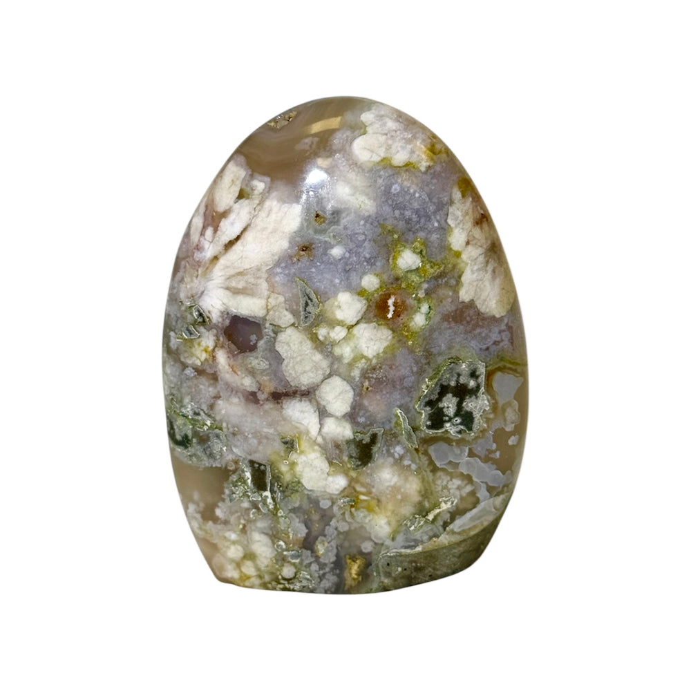 GeoFossils Flower Agate Freeform – Madagascan crystal for growth, healing, and grounding, polished pink chalcedony display stone, handmade in the UK.