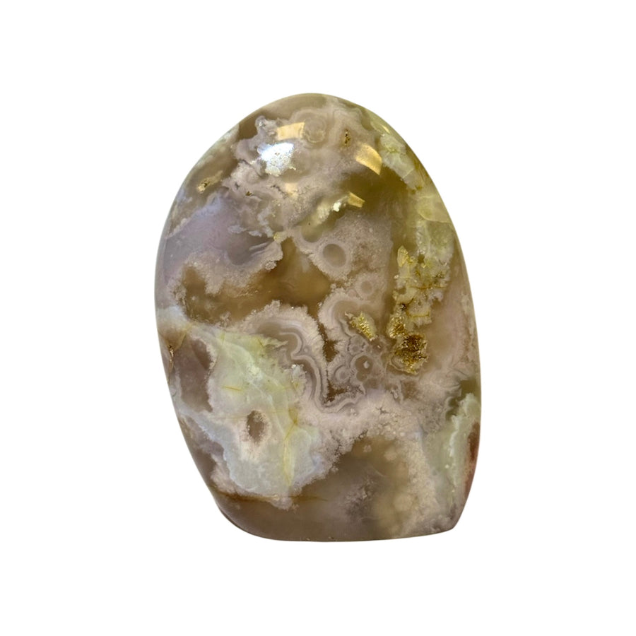 GeoFossils Flower Agate Freeform with Green Inclusions – Madagascan crystal for growth, healing, and grounding, polished display stone made in the UK