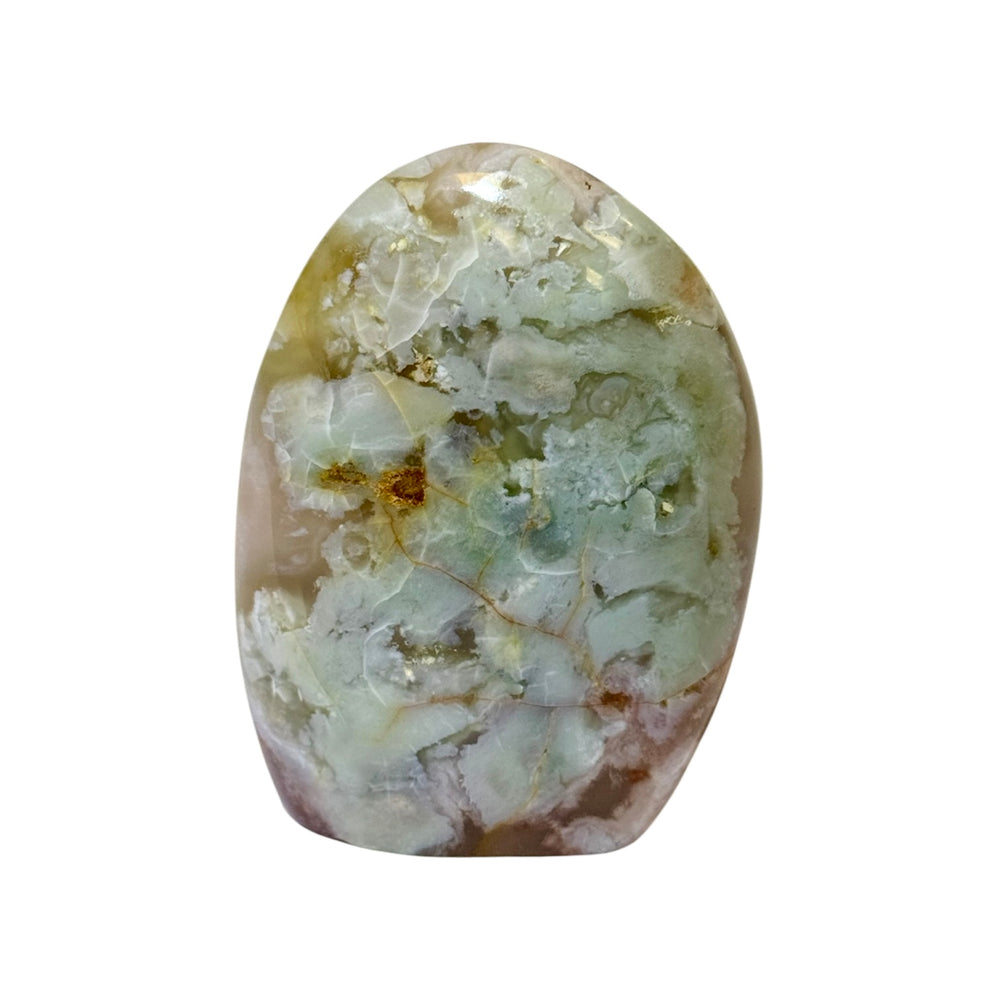 GeoFossils Flower Agate Freeform with Green Inclusions – Madagascan crystal for growth, healing, and grounding, polished display stone made in the UK