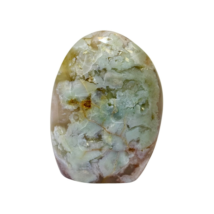 GeoFossils Flower Agate Freeform with Green Inclusions – Madagascan crystal for growth, healing, and grounding, polished display stone made in the UK
