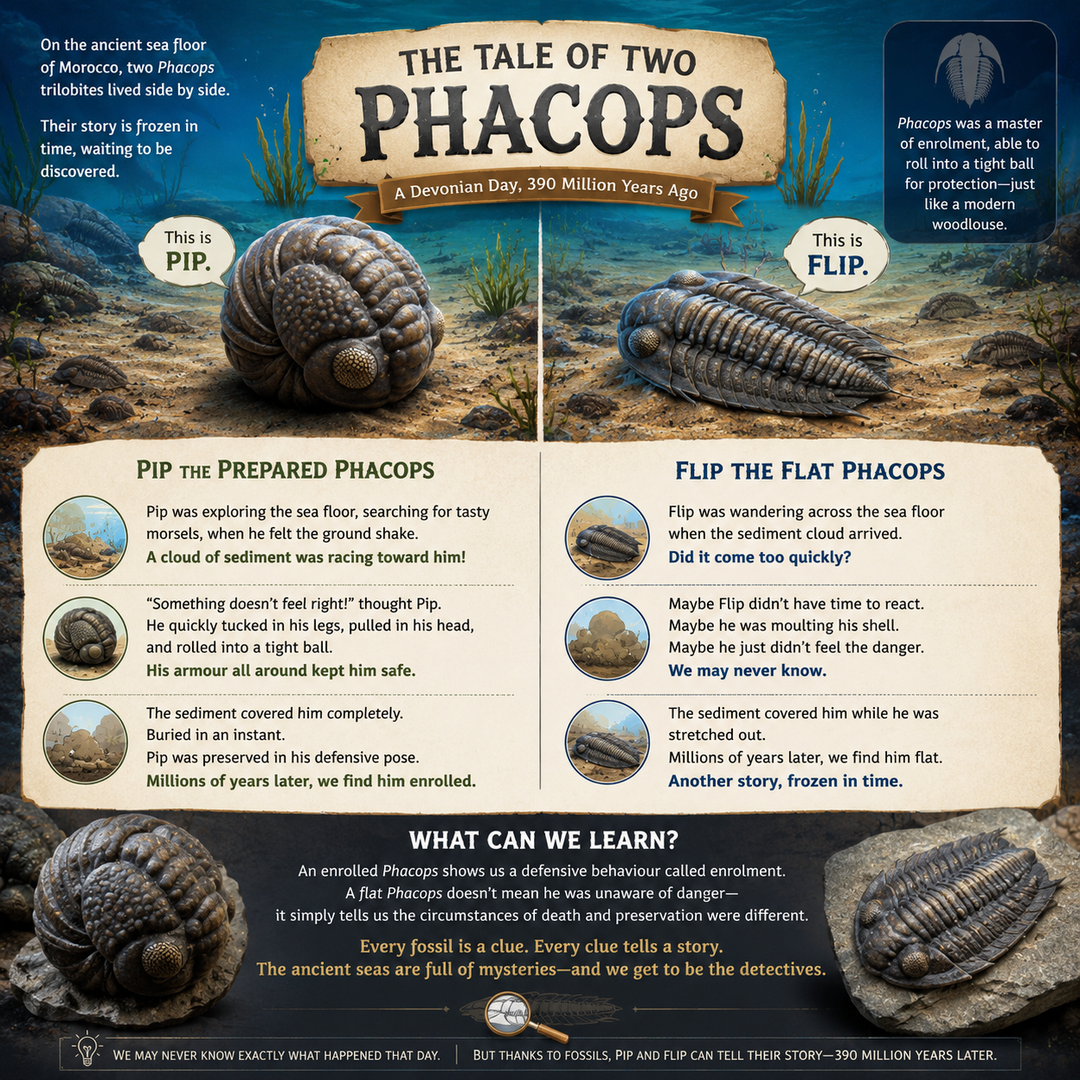 Fun educational fossil infographic comparing an enrolled Phacops trilobite named Pip and a flat Phacops trilobite named Flip, explaining trilobite behaviour and fossilisation.