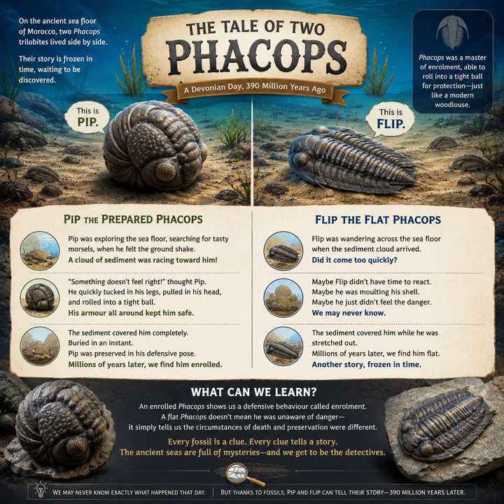 Fun educational fossil infographic comparing an enrolled Phacops trilobite named Pip and a flat Phacops trilobite named Flip, explaining trilobite behaviour and fossilisation.